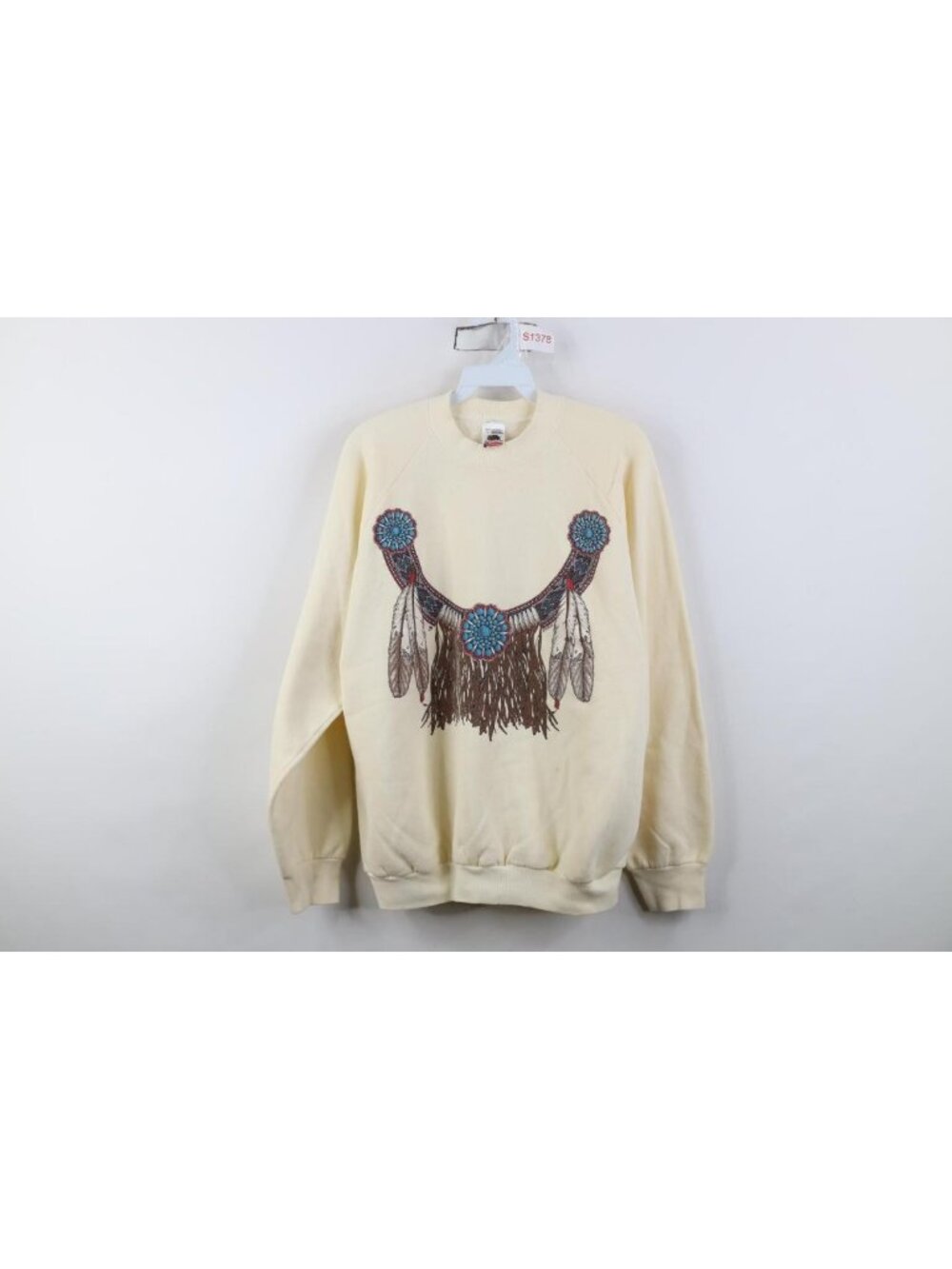 Vtg 90s Streetwear Womens Large Beaded Feather Native Crewneck Sweatshirt USA